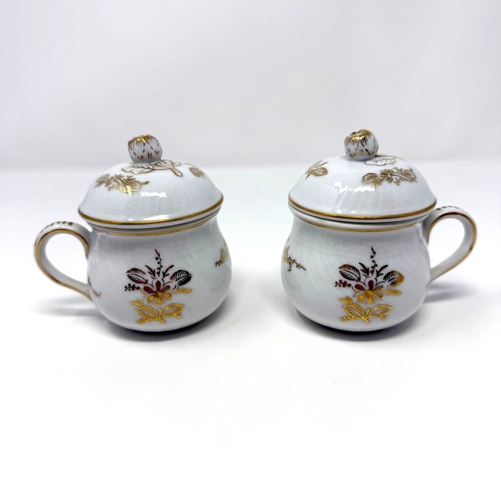 Sadek G-1068 Pot De Creme Cups Lidded Gold Floral White Porcelain‎ Pair